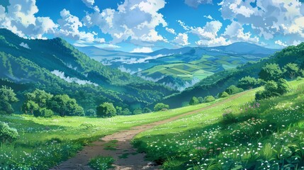 A Green Valley With Mountains Painting