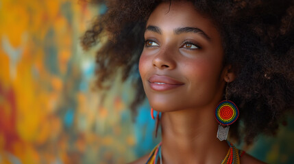 Positive smiling beautiful black woman with curly hair, nude makeup, healthy skin, big colourful earrings on colourful background. Selective focus. Copy space. Natural woman beauty concept 