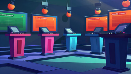 Game Show Quiz Set: A quiz show set with podiums, buzzers, and question boards for quiz game shows - obrazy, fototapety, plakaty