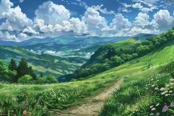 Obraz premium Painting of a Green Valley With a Dirt Path