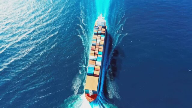 Top down aerial view of the bow of a large container cargo ship traveling at speed across the blue ocean
