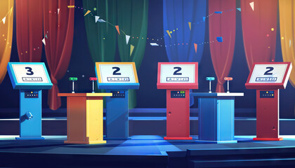 Game Show Quiz Set: A quiz show set with podiums, buzzers, and question boards for quiz game shows - obrazy, fototapety, plakaty