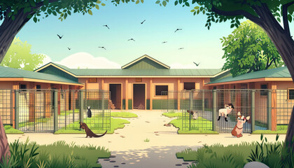 Animal Rescue Shelter: A shelter set with animal enclosures, adoption center, and pet care facilities for animal rescue programs