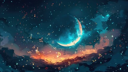 Enchanting Melody of the Sleepy Crescent Moon A Surreal Lullaby Visualization - obrazy, fototapety, plakaty