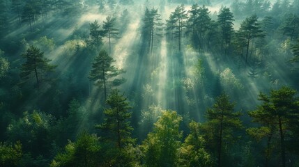 Obraz premium Pine forest. sunlight. god rays. woods. cop. glade. mist. fog. landscape. 
