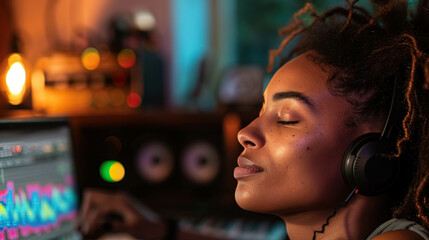 Black Woman Love Mixing Music And Create Beat With Laptop - obrazy, fototapety, plakaty