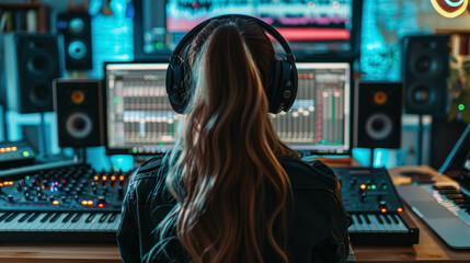 Woman's Back Love Mixing Music And Create Beat, Equipped With Mixing Equipment - obrazy, fototapety, plakaty