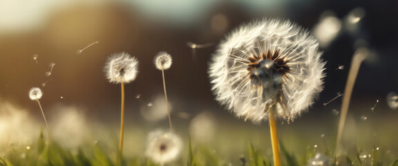 Beautiful puffy dandelions and flying seeds against blue sky on sunny day