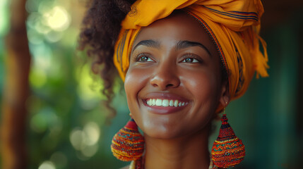 Woman beauty concept. Smiling positive black woman with beautiful smile, white teeth, perfect skinn, curly hair, big earnings and headscarf is enjoying the moment. Selective focus. Nature background  - obrazy, fototapety, plakaty