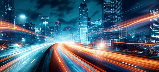 Illuminated cityscape with dynamic traffic at night, long exposure urban scene
