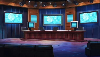 Game Show Boardroom: A boardroom-style set with conference table, screens, and contestant podiums for game show discussions - obrazy, fototapety, plakaty