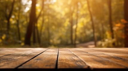 Wooden platform with a blurred autumn backdrop.
