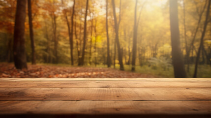 Naklejka na ściany i meble Wooden platform with a blurred autumn backdrop. 