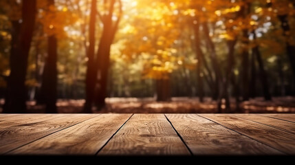 Wooden platform with a blurred autumn backdrop.
