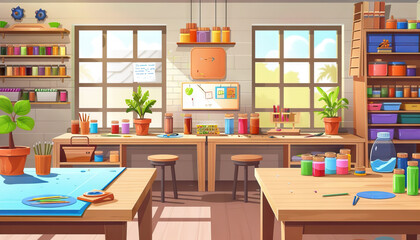 DIY Crafting Studio: A crafting studio set with crafting supplies, work tables, and creative displays for DIY crafting shows