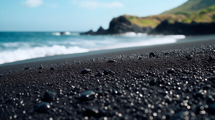 Beach with black pebbles on the beach. Pebbles and sand against a blurred beach line, view from ground level. Beach, pebbles close-up
