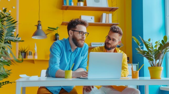 Gay couple collaborating on a project in a colorful home office