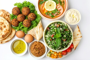 Mediterranean feast with falafel, tabbouleh, hummus, and pita on white background