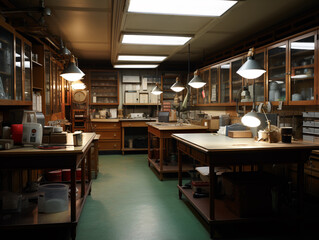 Fototapeta na wymiar laboratory equipped room with wooden cabinets, scientific instruments, and large workbenches under warm ambient lighting.