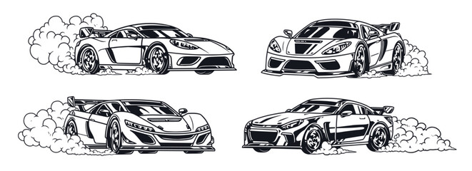 Sports cars set stickers monochrome
