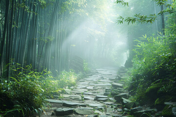 Tranquil stone path through a misty bamboo forest with sunlight filtering through