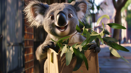 Chipper Koala Delivery, a happy koala serving as a courier, delivering joy along with a carefully wrapped package - obrazy, fototapety, plakaty