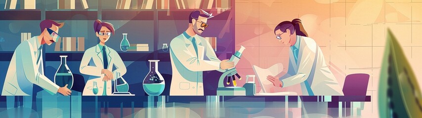 A wide background with art about scientists, biologists, and doctors