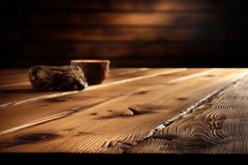 Wooden platform on soft bokeh lights