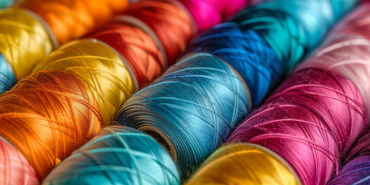 Various different colored silk threads in a style that includes focus stacking, vibrant pastels, repetition and pattern, and bold chromaticity.