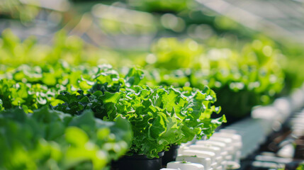 The use of hydroponics for a farm of lettuce in a style that merges realistic landscapes with soft, tonal colors and realistic blue skies.