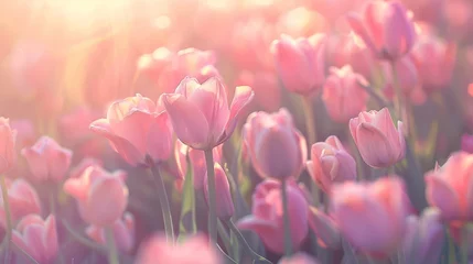 Muurstickers A Field of Pink Tulips in the Sunlight © BrandwayArt