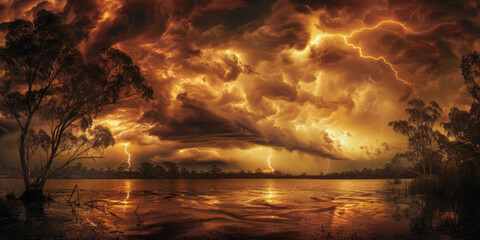 A storm with lightning over water and a tree in a style that highlights light orange and dark gold tones.