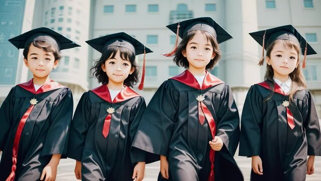Four children in graduation robes are smiling holding diploma. Young graduates with mortarboards and joyful expressions.