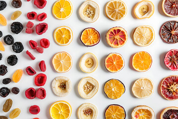 Flat lay arrangement showcases an assortment of vibrant dried fruits, offering a colorful and nutritious display