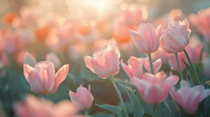 Zelfklevend Fotobehang Field of Pink Tulips With the Sun Setting © BrandwayArt