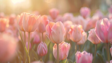 A Field of Pink Tulips in the Sunlight - obrazy, fototapety, plakaty