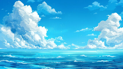 Hand-drawn cartoon illustration of blue sky and sea with fluffy clouds and sparkling water - 778228165