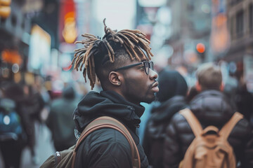 Fototapeta premium An individual standing on the street looking at the crowd is portrayed in a style that includes bold colorism, texture-rich layers, distinct facial features, and abrasive elements.