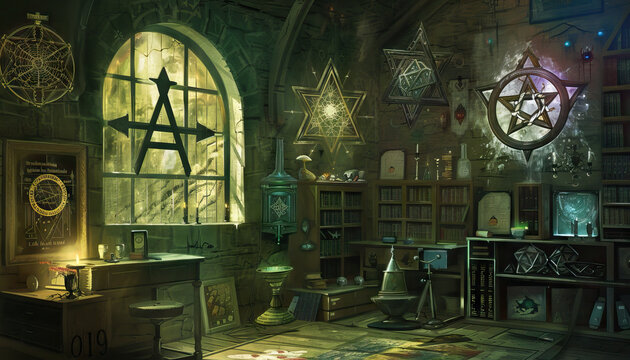 Supernatural Investigation Headquarters: A supernatural investigation set with occult artifacts, mystical symbols, and paranormal investigation equipment for supernatural shows