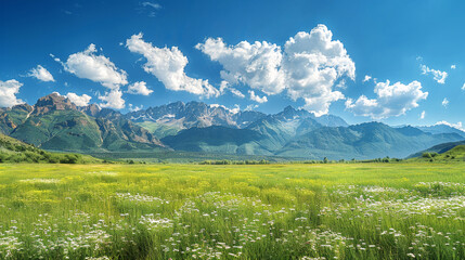 Breathtaking mountain landscape with lush greenery and a vibrant blue sky