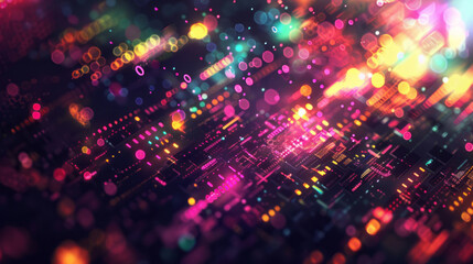 Obraz premium Color lighted text with glowing lights in an analytic art style that merges multi-layered collage-like elements, colorful fantasy, and selective focus.