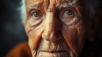 Close-up portrait of a thoughtful elderly person with a lifetime of stories - obrazy, fototapety, plakaty