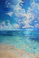 A Painting of a Beach With Blue Water and Clouds