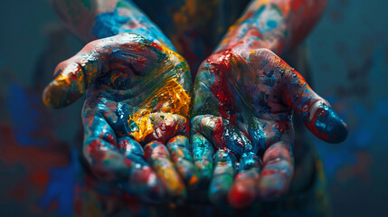 Artist's hands covered in paint, close-up, chaotic colors, embodying the fusion of realism and expressionism - obrazy, fototapety, plakaty