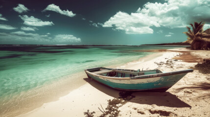 A boat ashore beside turquoise water in a style that includes a vintage atmosphere and landscape photography.