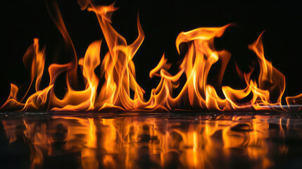 Burning flames on a black background in a style that includes panoramic scale, repetitive elements, and contemporary modernist-type photography.