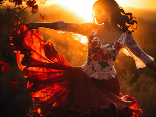 A flamenco dancer female adorned in a flowing red skirt and floral bodice, performs a passionate...