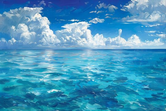 A Painting of a Blue Ocean With Clouds
