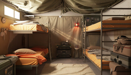 Disaster Survival Shelter: A survival shelter set with bunk beds, emergency supplies, and post-apocalyptic props for disaster-themed shows - obrazy, fototapety, plakaty