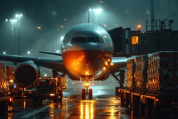 A cargo plane preparing for takeoff, its engines roaring to life, while ground crew members complete safety checks and load cargo containers onto the aircraft